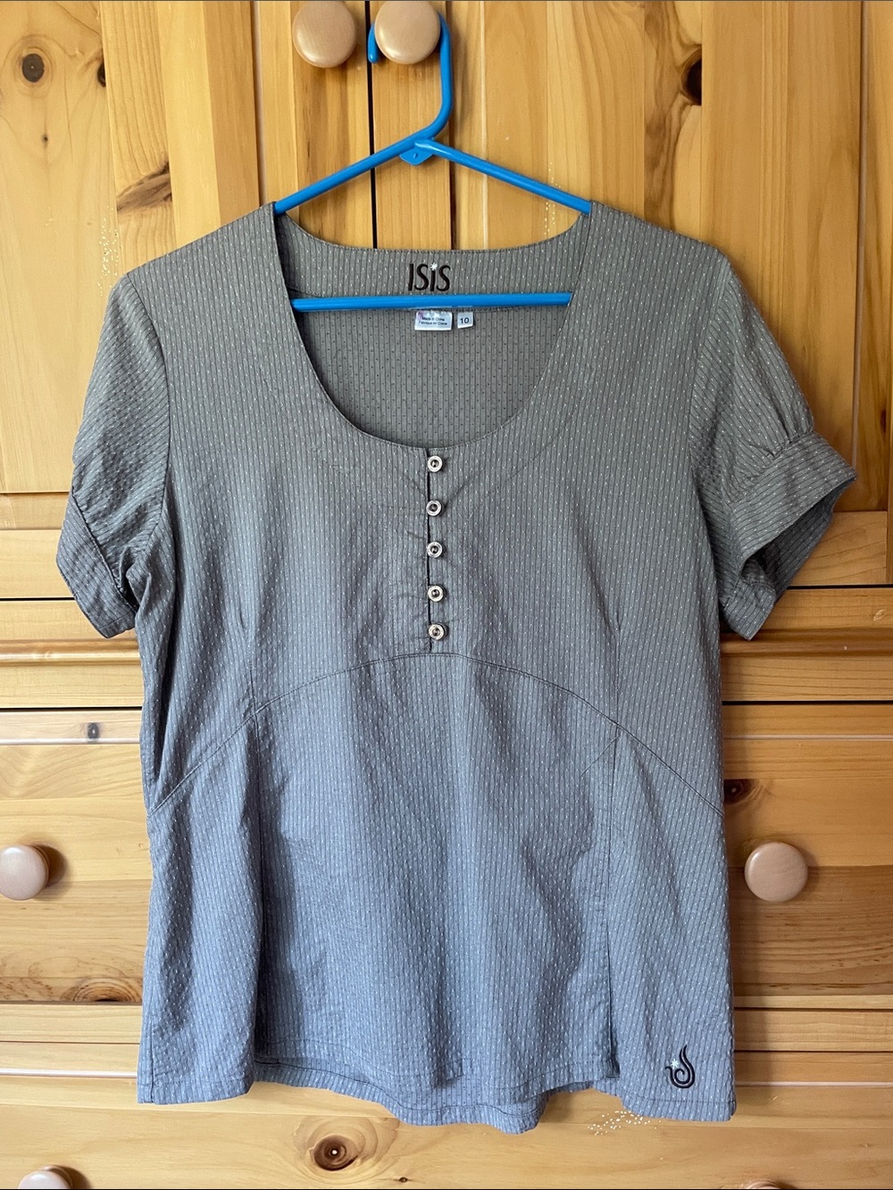 Isis Taupe Short Sleeve Scoop Neck Top with Front Buttons